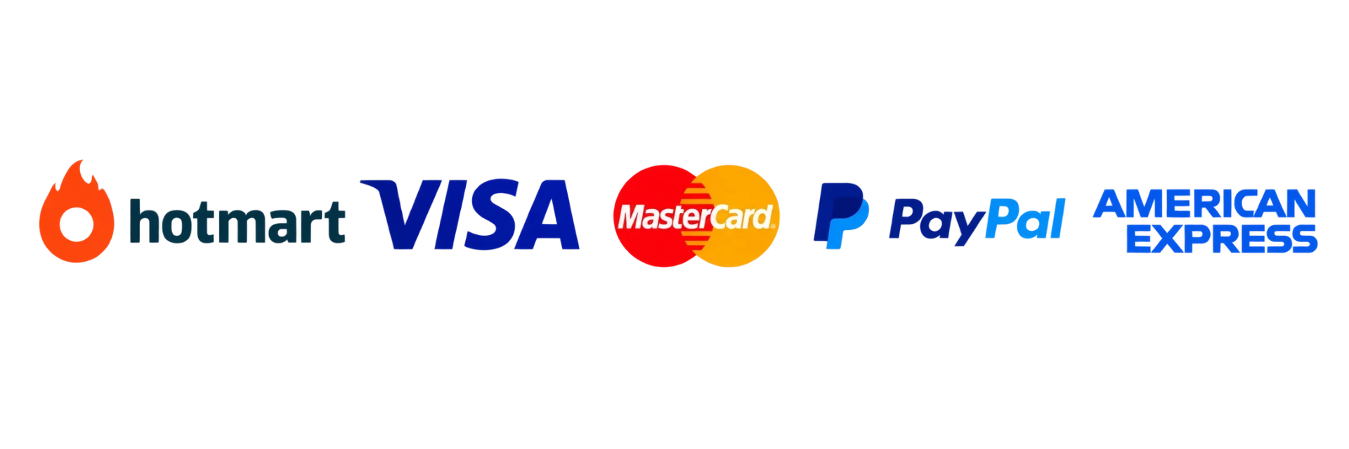 Métodos de pago disponibles mediante Hotmart: Visa, Mastercard, American Express y PayPal